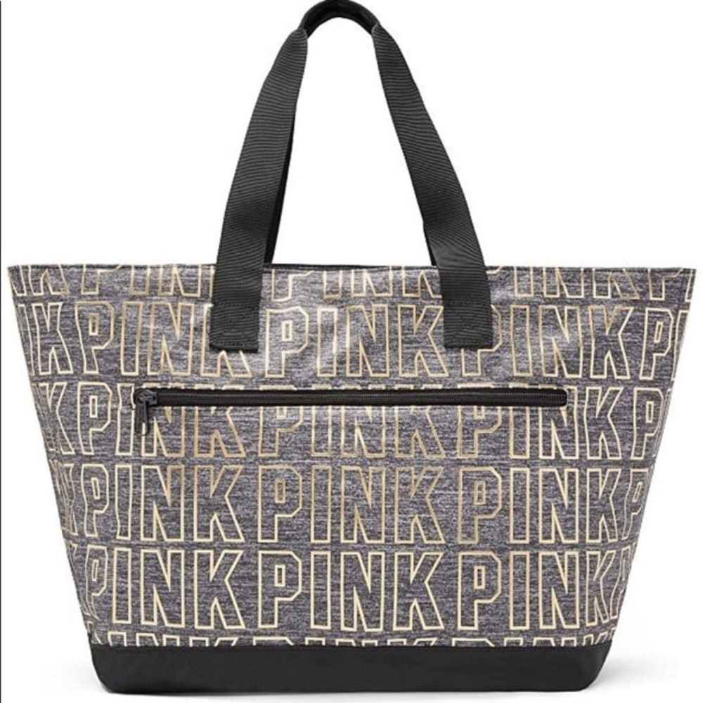 NWT VICTORIA’S SECRET PINK LIMITED Metallic Gold Black and Grey Zip Top Tote